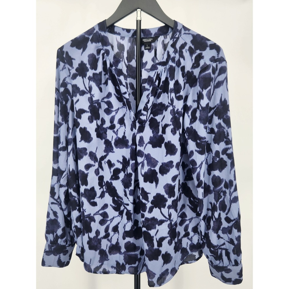 Simply Vera Vera Wang Blue Floral Roll Tab Sleeve Blouse Large RN73277